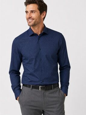 Brooklyn Brigade Men’s 16L Modern Slim Navy Blue Patterned Dress Shirt